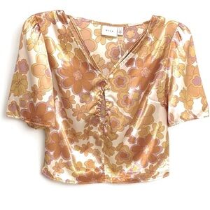 CROP Short Floral Silky Short Keyhole Front Top